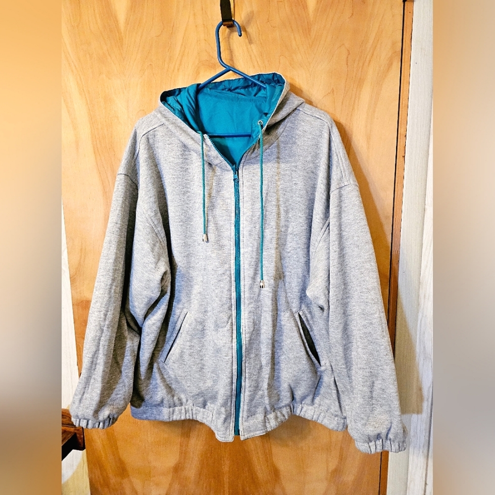 REVERSIBLE Hoodie/Windbreaker Vintage 90s Teal/Grey 3XL